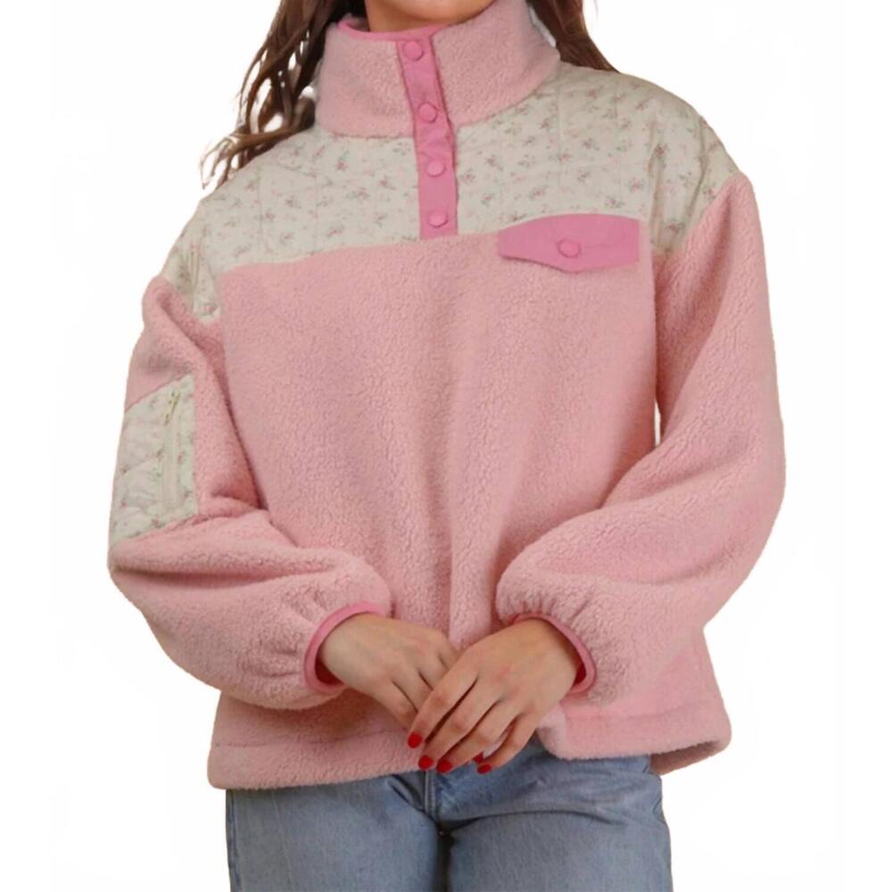 NEW VERY J floral fleece pullover in pink
